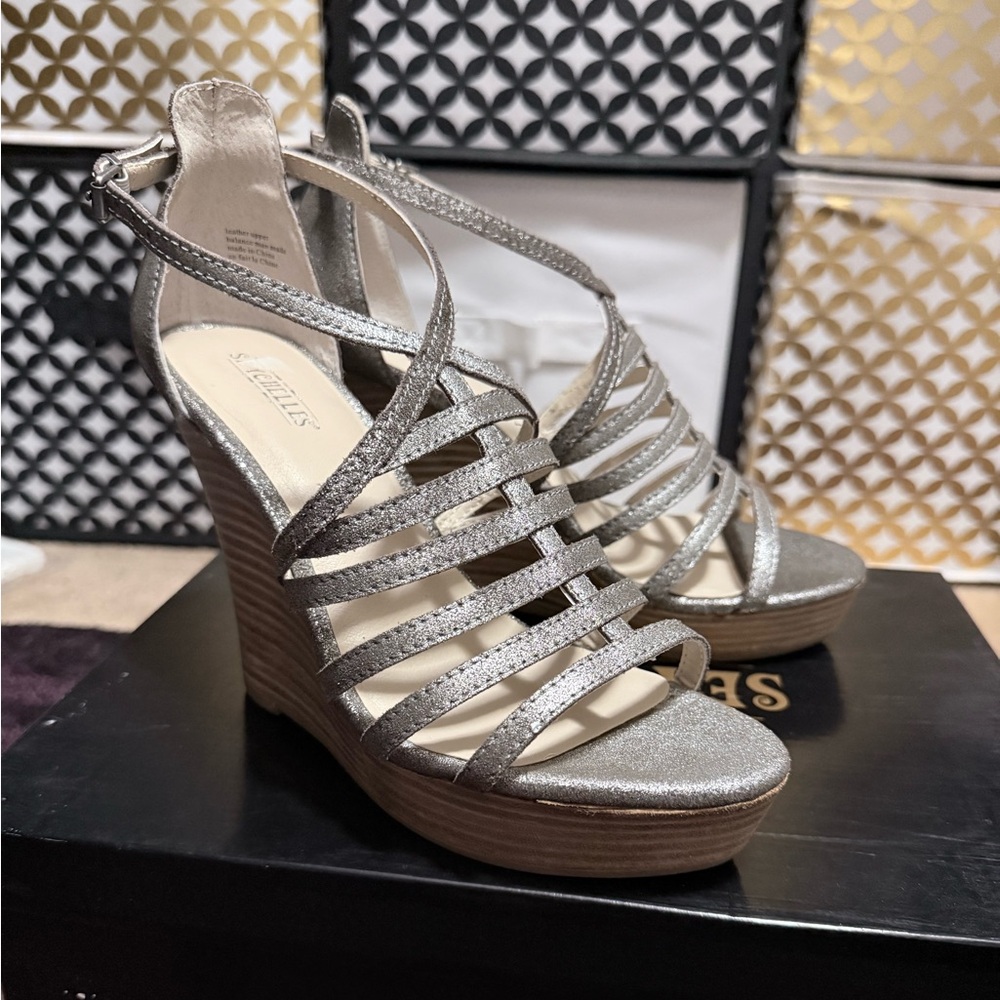Seychelles Silver Strappy Wedge Sandals